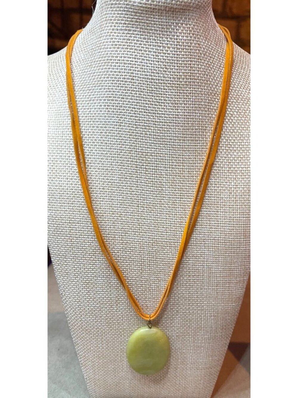 Vintage Y2K Anthropologie Olive Green Jade Pendant Necklace Orange Fabric Cord